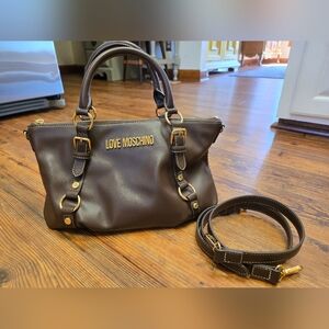 love moschino brown satchel handbag pristine gold hrdwr strap
